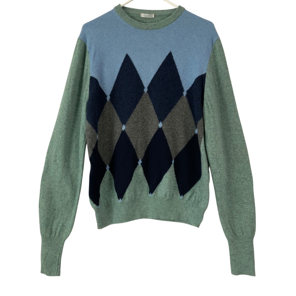 Ballantyne Argyle Sweater Womens Size 44 Blue Green Wool Crew Neck Long Sleeve